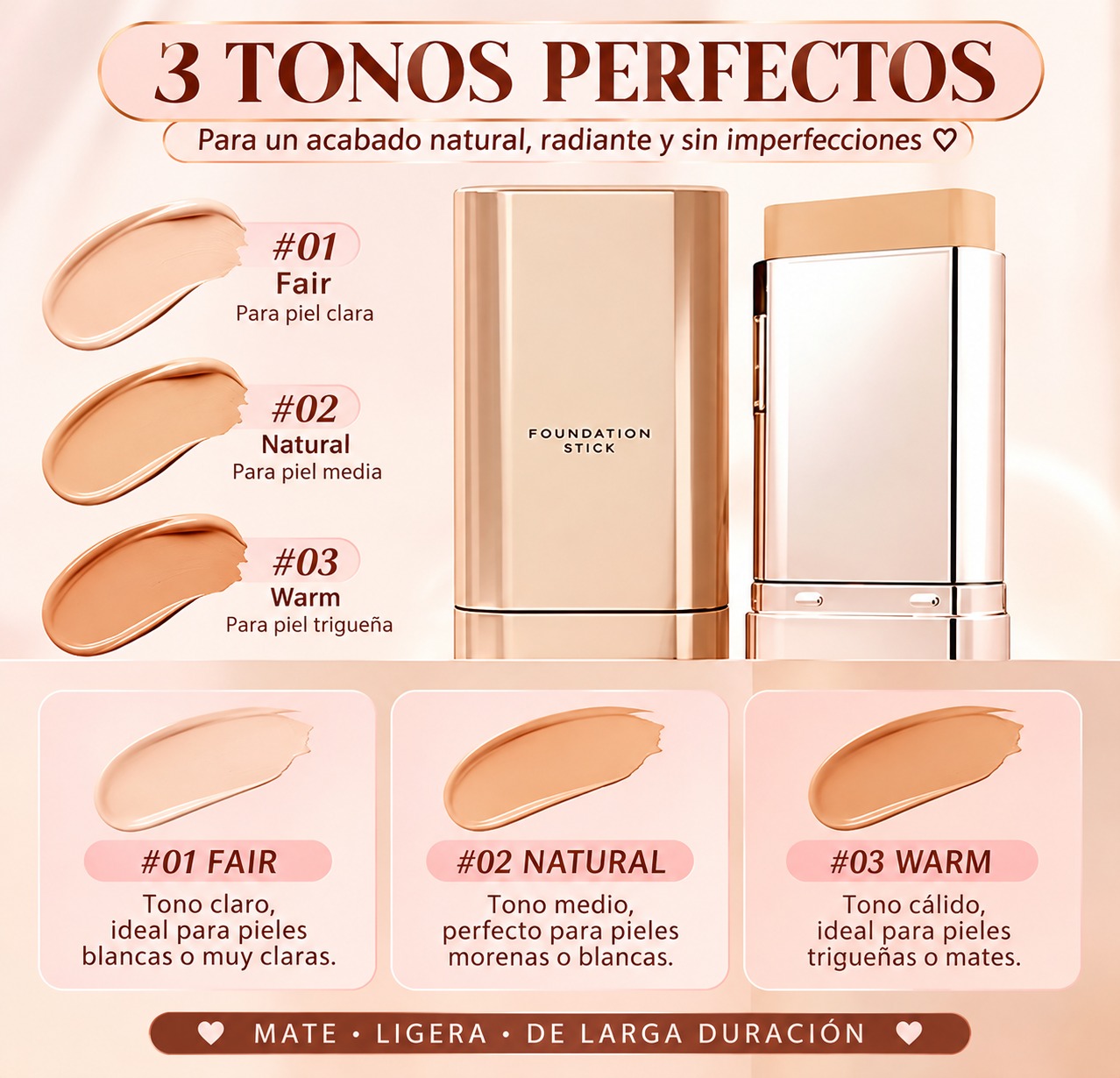 Los tres tonos: #01 Fair, #02 Natural y #03 Warm